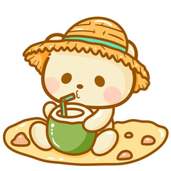 Handdrawn illustration Cute kawaii yellow teddy bear summertime beach summer travel vacation clipart greeting card party invitation