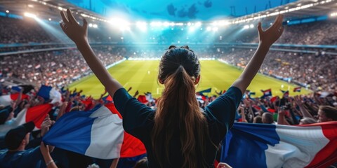 A lively crowd of fans with arms raised enthusiastically watch a soccer game in a vibrant stadium,...