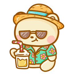 Handdrawn illustration Cute kawaii yellow teddy bear summertime beach summer travel vacation clipart greeting card party invitation