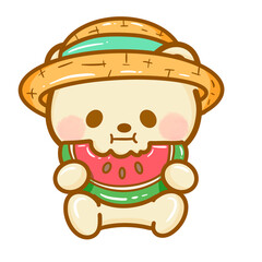 Handdrawn illustration Cute kawaii yellow teddy bear summertime beach summer travel vacation clipart greeting card party invitation