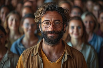 Fototapeta premium A beard glasses man smiles in front of crowd at an art event