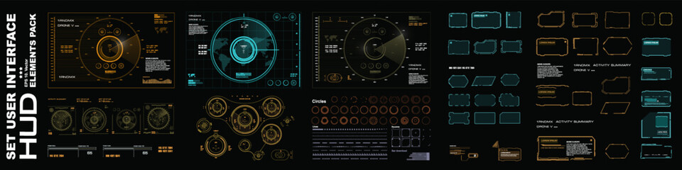 Big collection of different HUD UI elements. Futuristic set of complex design elements. Radars, frames, arrows, indicators, lines and sights. Modern set of vector HUD elements