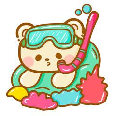 Handdrawn illustration Cute kawaii yellow teddy bear summertime beach summer travel vacation clipart greeting card party invitation