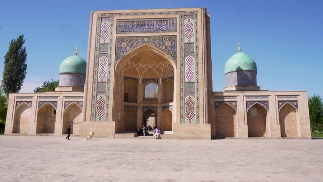 View of Khast Imam Square in Tashkent, Uzbekistan. Translation on mosque: "Hazrati imam complex"