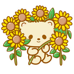 Handdrawn illustration Cute kawaii yellow teddy bear summertime beach summer travel vacation clipart greeting card party invitation