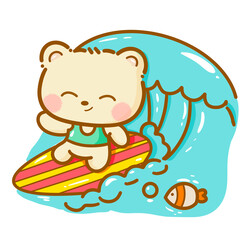 Handdrawn illustration Cute kawaii yellow teddy bear summertime beach summer travel vacation clipart greeting card party invitation