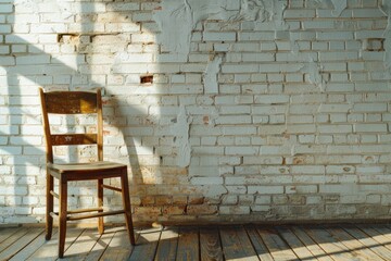 Chair sitting against a brick wall in a room