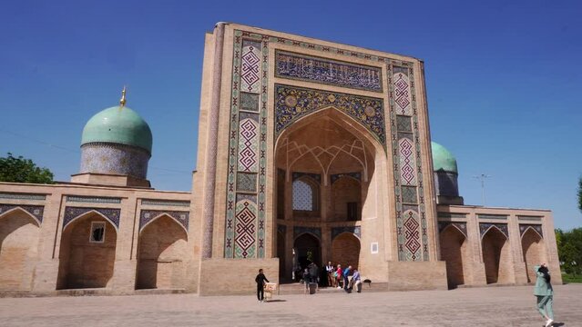 View of Khast Imam Square in Tashkent, Uzbekistan. Translation on mosque: "Hazrati imam complex"