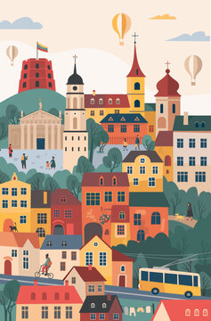 Vilnius skyline with Gediminas castle tower, Old town, hot air balloons and other landmarks and symbols. Europe Old town street landscape. Capital of Lithuania.