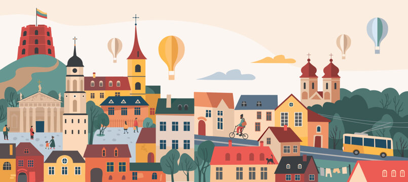 Vilnius Capital of Lithuania skyline with Gediminas castle tower, Old town, hot air balloons and other landmarks and symbols. Europe Old town street landscape.