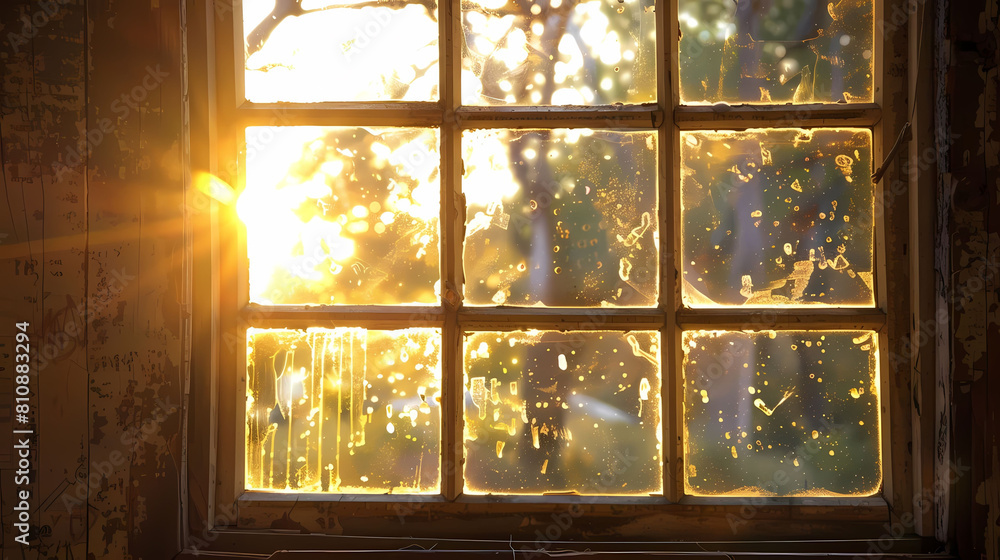Aufkleber sunlight through rustic window frames illuminates a tree outside