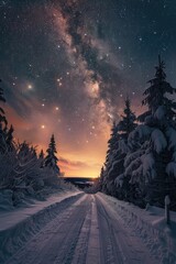 Freezing night on a snowy road cutting through a dark forest