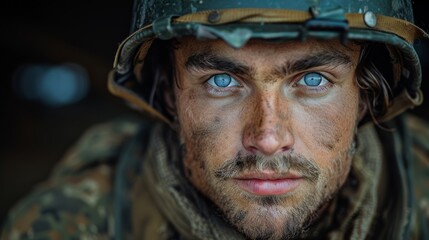 Obraz premium portrait of a soldier with a army helmet on his head