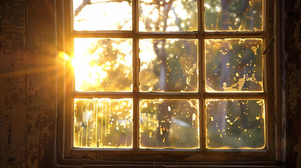 sunlight through rustic window frames illuminates a tree outside