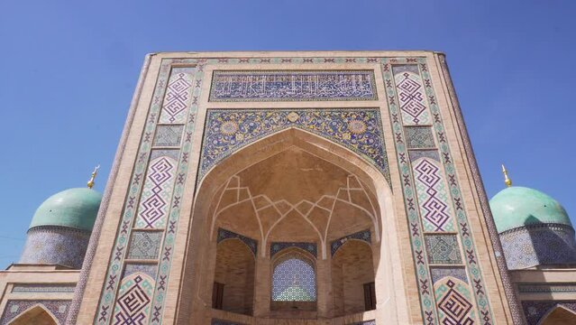 View of Khast Imam Square in Tashkent, Uzbekistan. Translation on mosque: "Hazrati imam complex"