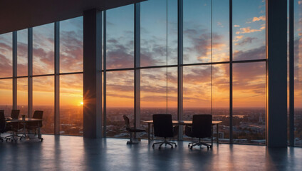 Design a lavish office with AI-inspired sunset views through grand windows.