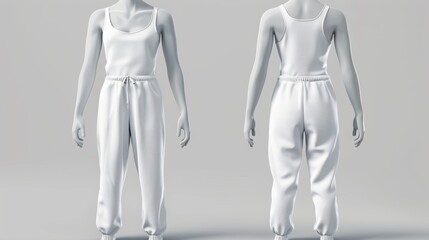 The mockup is composed of a front view and a back view, each of which is shown in a different position. This mockup is a modern 3d template of a woman's overalls and a tank top in a realistic