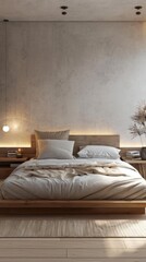 Bed with a wooden frame and a white blanket. Vertical background 
