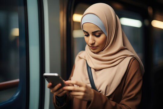 Modestly dressed woman using her smartphone on a train Fictional Character Created By Generative AI. 