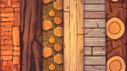 Various wood textures of cut trunks, brown tree bark, and boards. Modern cartoon set of seamless patterns with woodpile, stack of logs, timbers, or lumber.