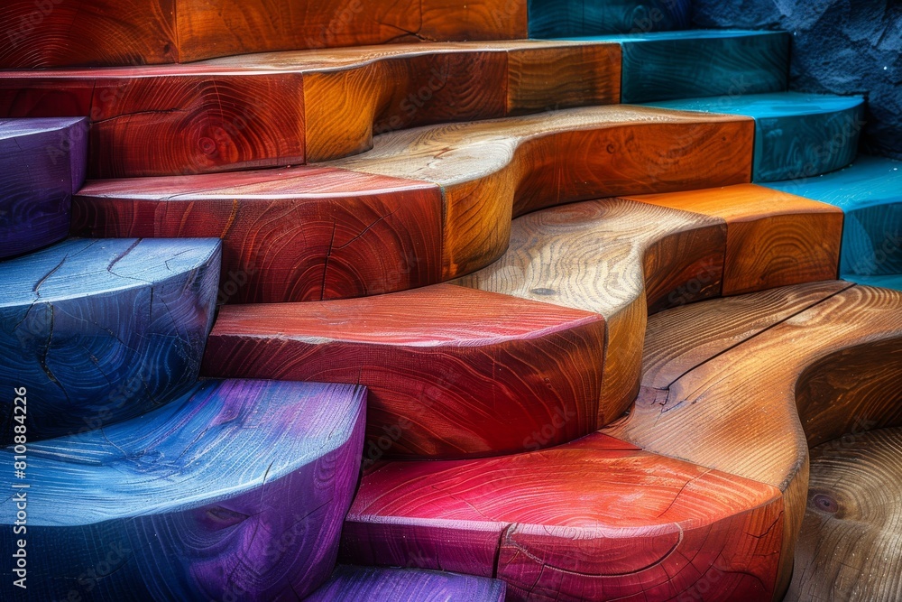 Poster vibrant multicolored wooden stairs create a mesmerizing abstract pattern, expressing both creativity