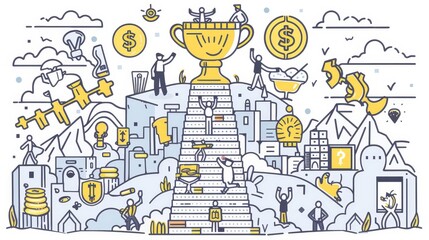 Career ladder, characters teamwork cooperation line art modern illustration. Business people climbing up financial graph stairs with golden cups on top. Concept of success, challenge and leadership.