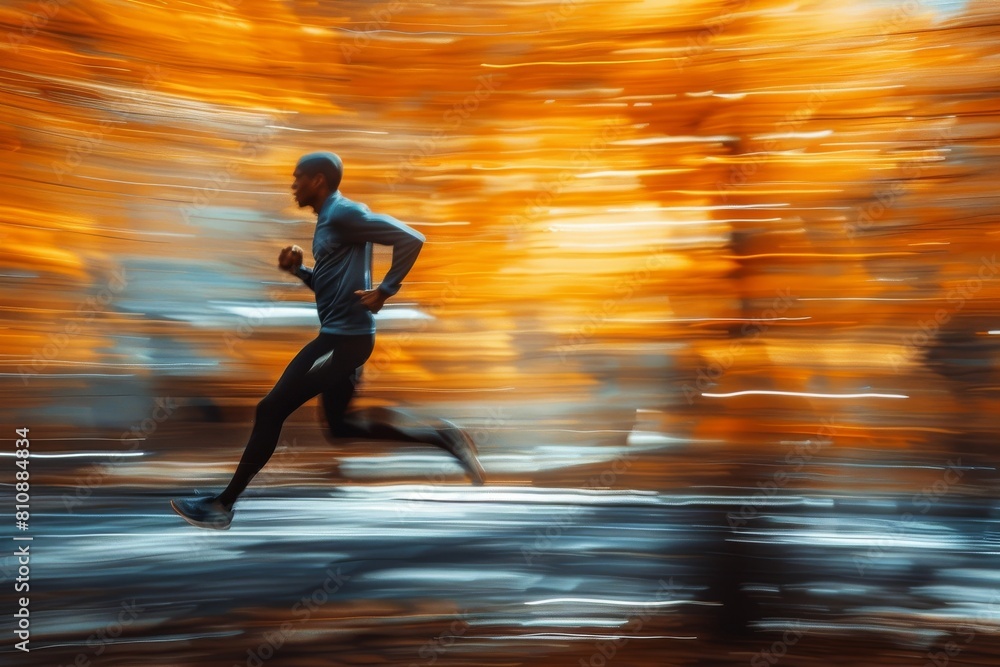 Poster the image shows an athlete in motion, with autumnal colors blurred in the background creating an imp