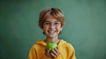 portrait of happy smiling boy wearing sweatshirt and holding green apple