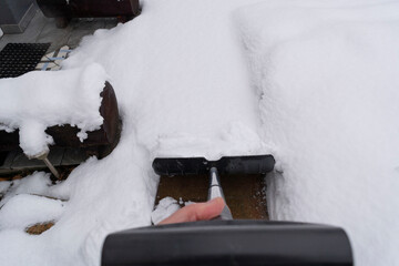 Cold snow winter cold snow. Snow shovel in the snow