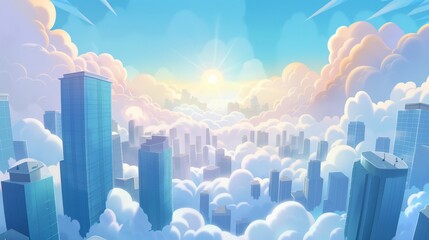 Highrise city buildings peek up above cumulonimbus clouds in blue skies and sunshine. Urban view background, downtown architecture, cartoon illustration at a distance.