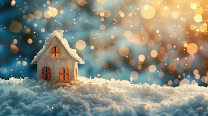 Christmas or new year decoration small white house with lights bokeh on snow with blur effect background , space for text, cards, banners, party invitation, winter greetings 