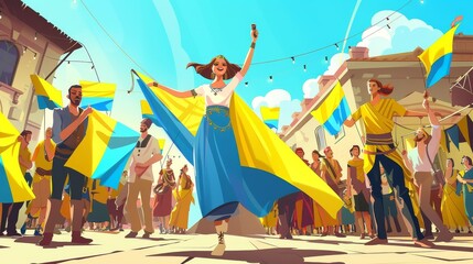 An illustration depicting people holding yellow and blue Ukrainian flags at a protest against Russia's aggression against Ukraine. This image shows a young woman in traditional dress protesting the