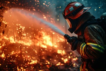 Fototapeta premium A firefighter wearing reflective gear directs a powerful stream of water to control a fiery explosion, emphasizing action