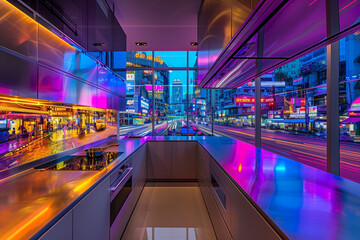 An ultramodern Bangkok kitchen, with sleek surfaces, a vibrant Thai silk backsplash, and floor-to-ceiling windows that frame the bustling streets and neon lights of the city.