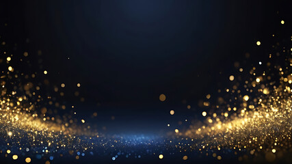 abstract background with Dark blue and gold particle. Christmas Golden light bokeh on navy blue background. black bokeh background black texture dark Gold foil texture. Holiday concept. ai