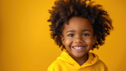 portrait of happy smiling boy wearing sweatshirt and holding green apple isolated on solid yellow color background.