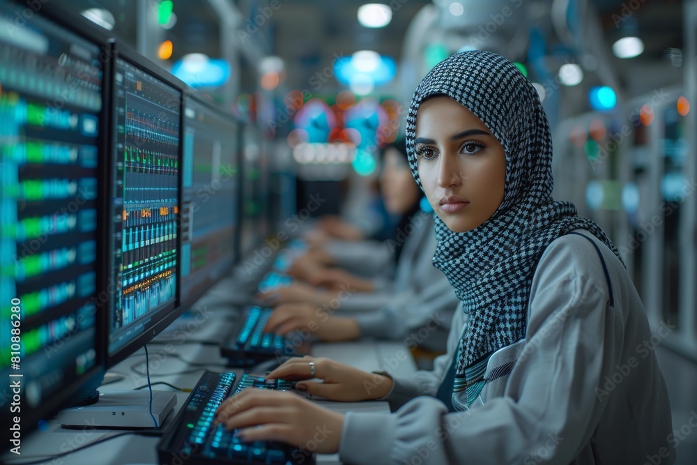 Poster a focused woman in a hijab works at a computer with multiple screens displaying data in a high-tech 