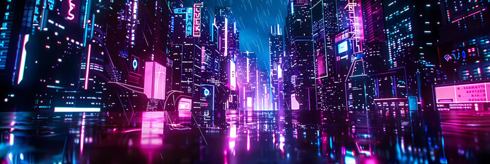 techno glow in cyberpunk cityscape featuring a towering skyscraper, a bustling street, and a bustling river