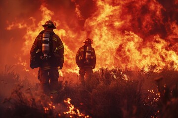 Two firefighters walk side by side as they approach towering flames in a raging wildfire scenario