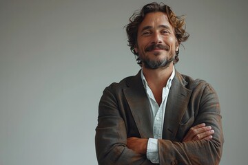 Fototapeta premium Man in dress shirt and blazer, arms crossed, smiling with beard