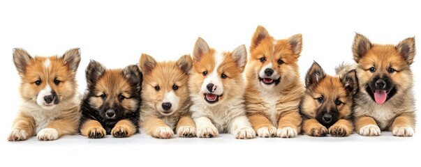 A group of adorable Shiba Inu puppies in a row on a white background.