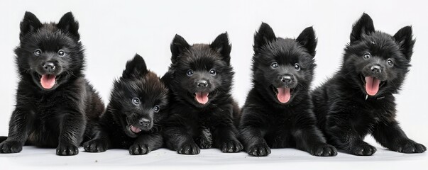 A group of black puppies of Schipperke sitting in a row on a white background
