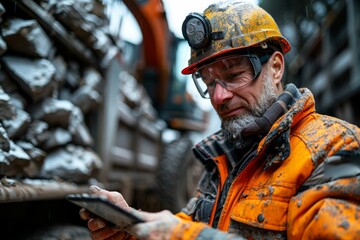Obraz premium Worker in a dirty safety helmet and reflective jacket using a tablet near excavation equipment