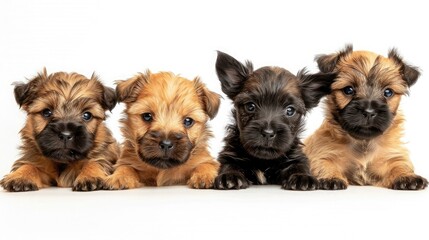 A group of puppies of Carin Terrier sitting in a row on a white background