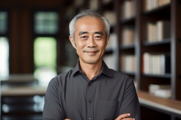 Obraz premium Portrait of a smiling asian man in his 60s donning a classy polo shirt over classic library interior