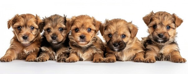 Five cute puppies of Norfolk Terrier in a row on a white background
