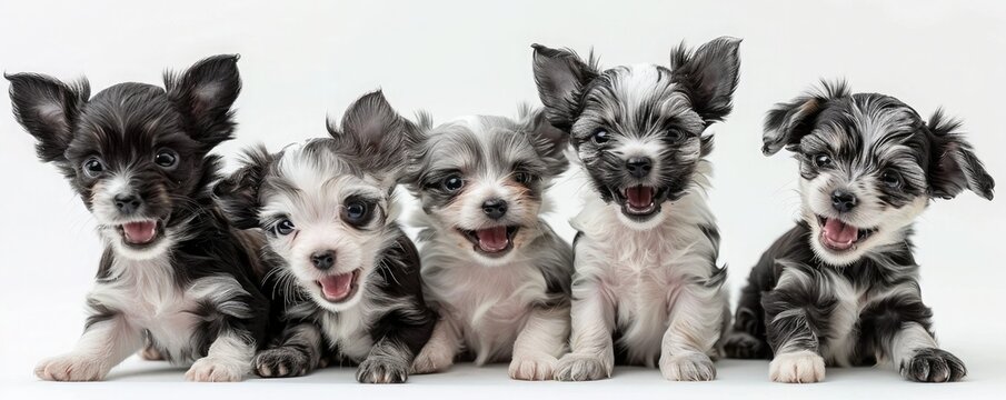 A group of five small puppies of Chinese Chrested, happy dogs with long hair. They are all smiling and look like they are having a great time.