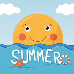 Summer background with inscription. Seascape, cartoon children's story. Orange cute sun smiling, sea, clouds, starfish, lifebuoy. Vector illustration with text.