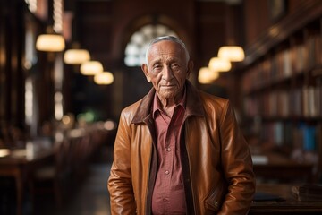 Fototapeta premium Portrait of a satisfied indian elderly 100 years old man wearing a trendy bomber jacket isolated in classic library interior