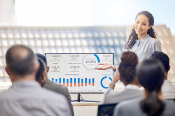 Business, woman and finance presentation in conference room with bar graphs for revenue or...